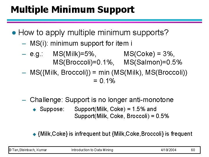 Multiple Minimum Support l How to apply multiple minimum supports? – MS(i): minimum support