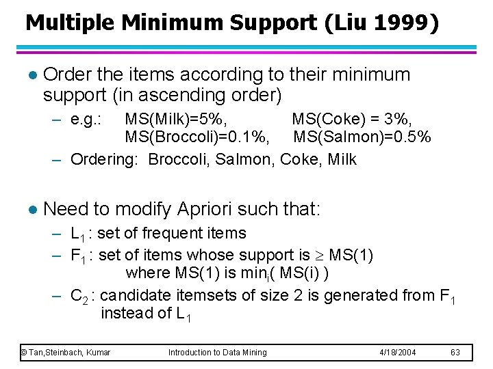 Multiple Minimum Support (Liu 1999) l Order the items according to their minimum support