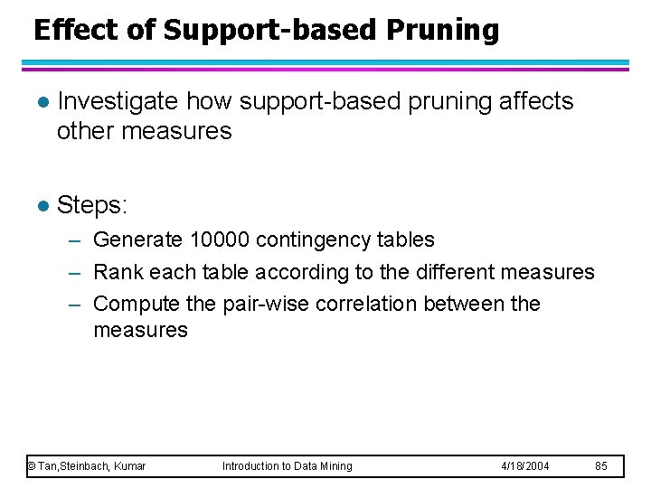 Effect of Support-based Pruning l Investigate how support-based pruning affects other measures l Steps: