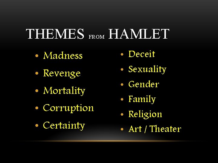 THEMES FROM • Madness • Revenge • Mortality • Corruption • Certainty HAMLET •