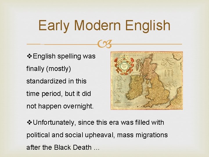 Early Modern English v. English spelling was finally (mostly) standardized in this time period,