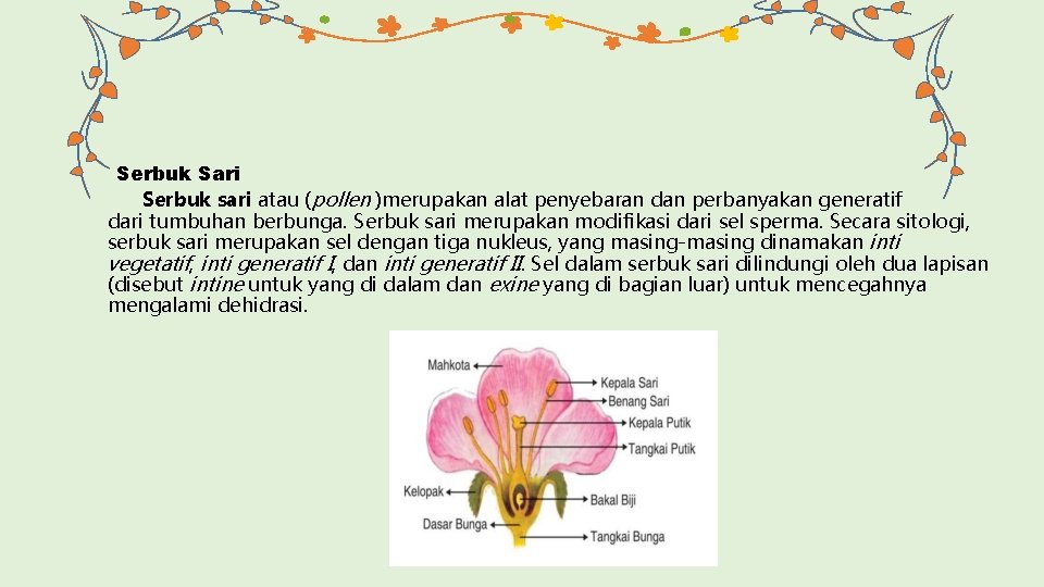 Serbuk Sari Serbuk sari atau (pollen )merupakan alat penyebaran dan perbanyakan generatif dari tumbuhan