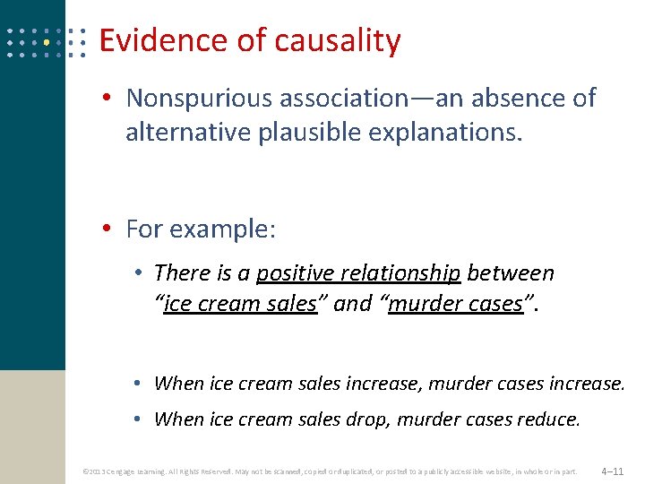 Evidence of causality • Nonspurious association—an absence of alternative plausible explanations. • For example: