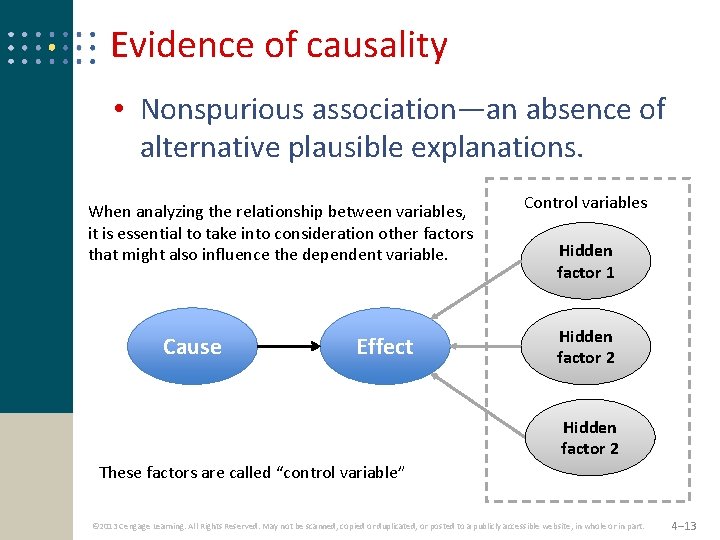 Evidence of causality • Nonspurious association—an absence of alternative plausible explanations. When analyzing the