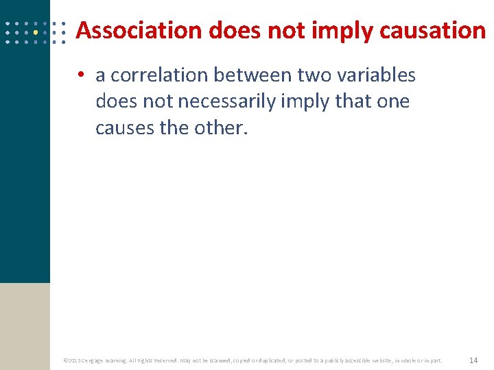 Association does not imply causation • a correlation between two variables does not necessarily