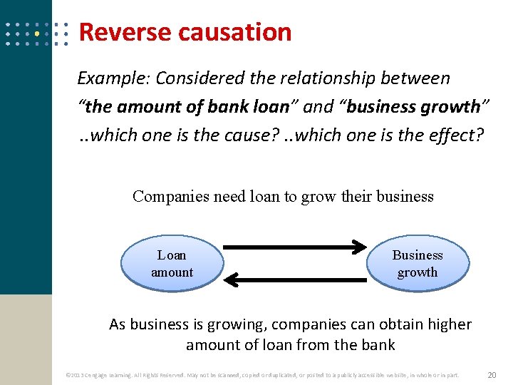 Reverse causation Example: Considered the relationship between “the amount of bank loan” and “business