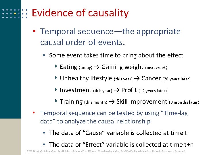 Evidence of causality • Temporal sequence—the appropriate causal order of events. • Some event