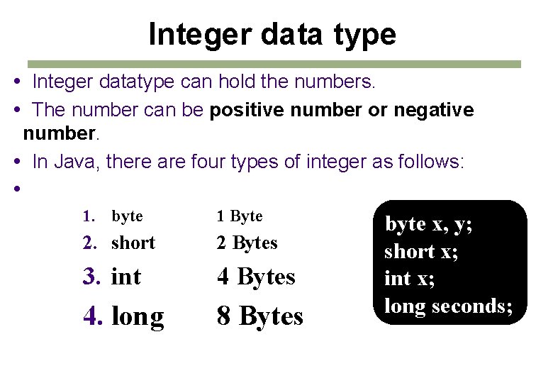 Integer data type Integer datatype can hold the numbers. The number can be positive Integer data type Integer datatype can hold the numbers. The number can be positive