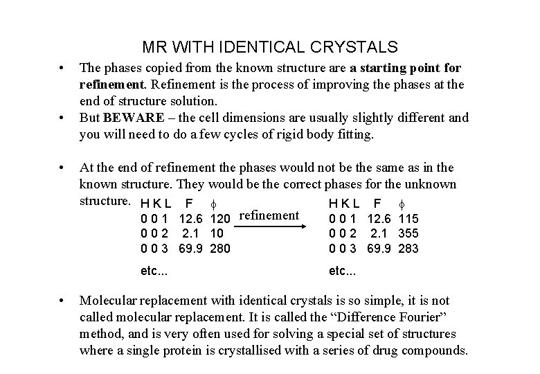 MR WITH IDENTICAL CRYSTALS • • The phases copied from the known structure a