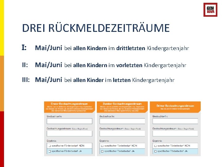 DREI RÜCKMELDEZEITRÄUME I: Mai/Juni bei allen Kindern im drittletzten Kindergartenjahr II: Mai/Juni bei allen