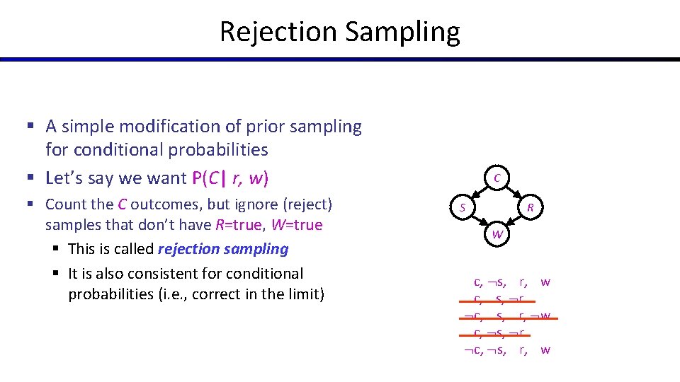 Rejection Sampling § A simple modification of prior sampling for conditional probabilities § Let’s