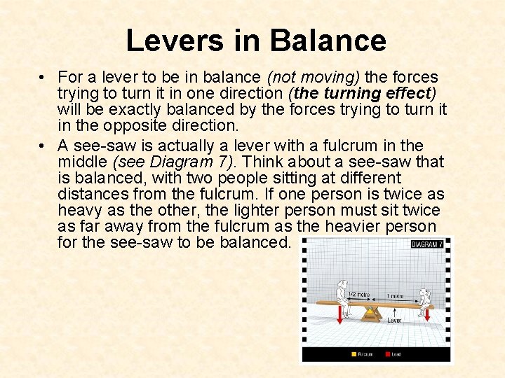 Levers in Balance • For a lever to be in balance (not moving) the
