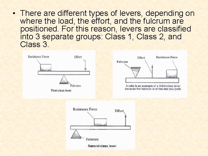  • There are different types of levers, depending on where the load, the