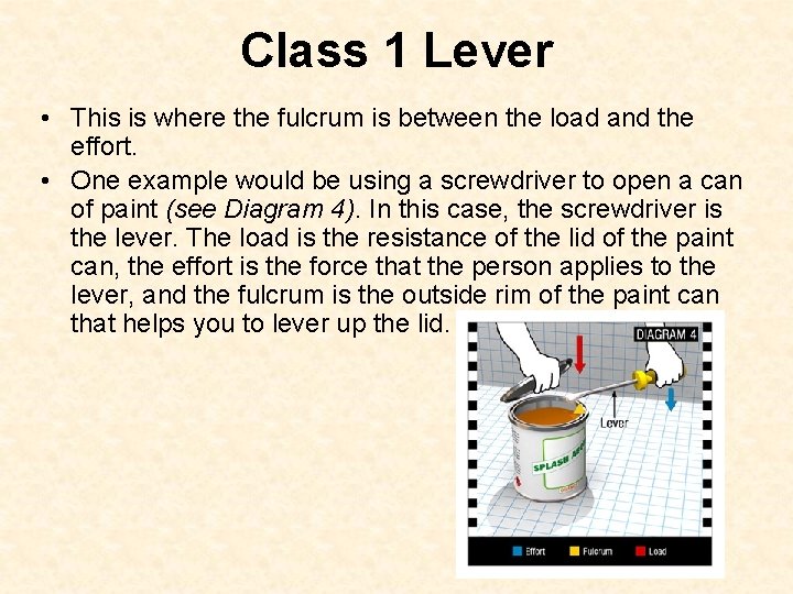 Class 1 Lever • This is where the fulcrum is between the load and