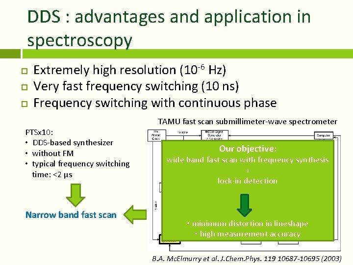 DDS : advantages and application in spectroscopy Extremely high resolution (10 -6 Hz) Very