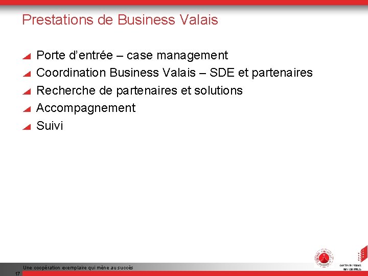 Prestations de Business Valais Porte d’entrée – case management Coordination Business Valais – SDE