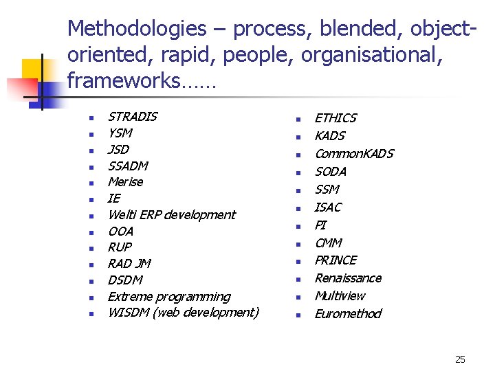 Methodologies – process, blended, objectoriented, rapid, people, organisational, frameworks…… n n n n STRADIS