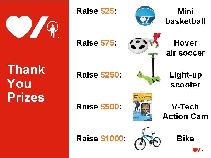 Thank You Prizes Raise $25: Mini basketball Raise $75: Hover air soccer Raise $250: