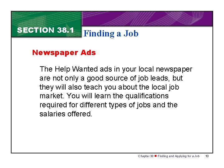 SECTION 38. 1 Finding a Job Newspaper Ads The Help Wanted ads in your