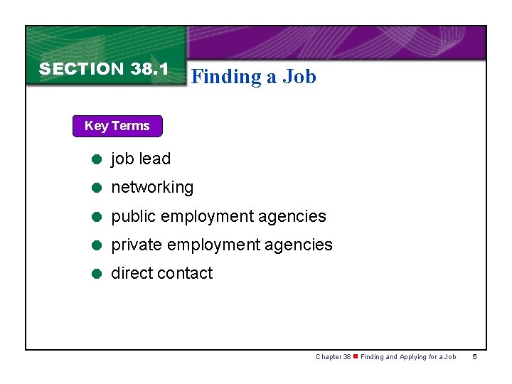 SECTION 38. 1 Finding a Job Key Terms = job lead = networking =