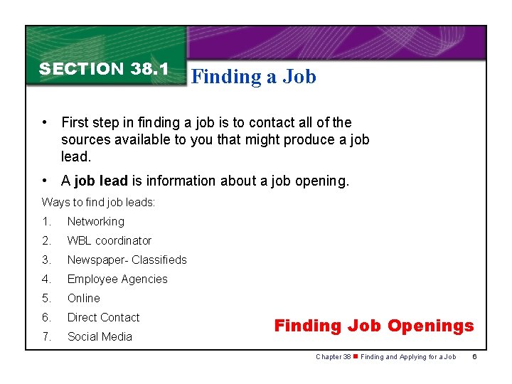 SECTION 38. 1 Finding a Job • First step in finding a job is