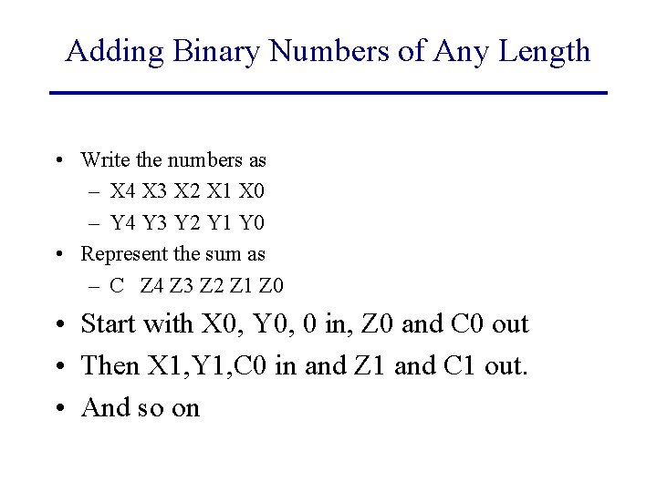 Adding Binary Numbers of Any Length • Write the numbers as – X 4