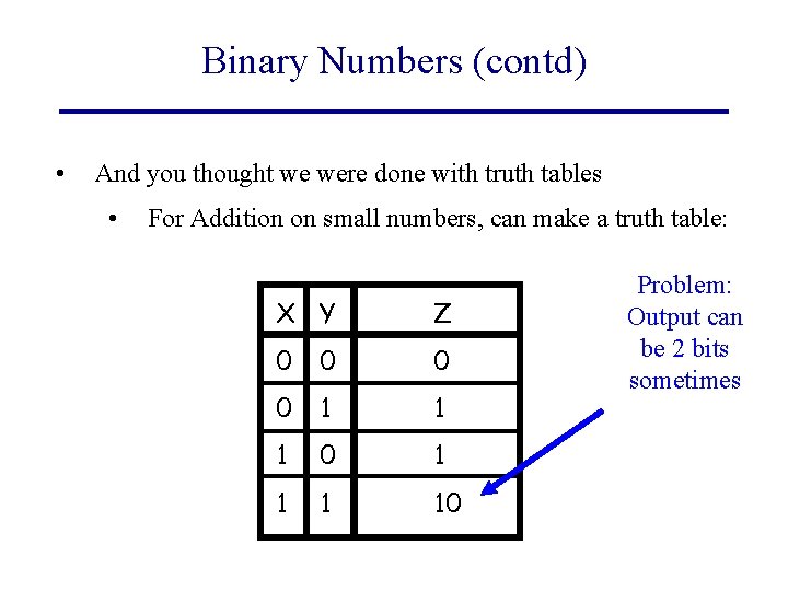 Binary Numbers (contd) • And you thought we were done with truth tables •
