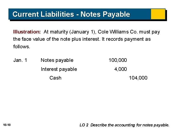 Current Liabilities - Notes Payable Illustration: At maturity (January 1), Cole Williams Co. must