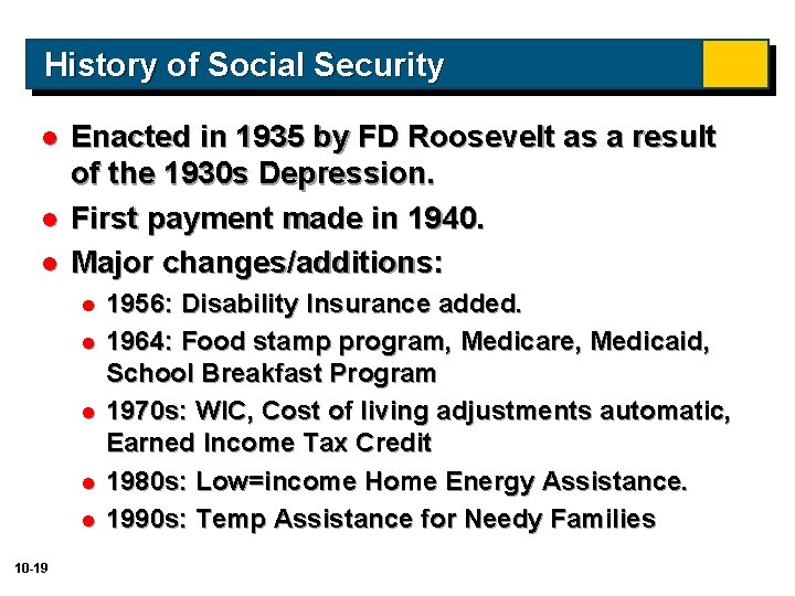 History of Social Security l l l Enacted in 1935 by FD Roosevelt as
