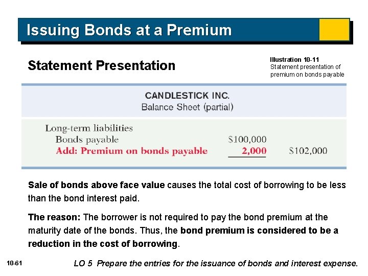 Issuing Bonds at a Premium Statement Presentation Illustration 10 -11 Statement presentation of premium