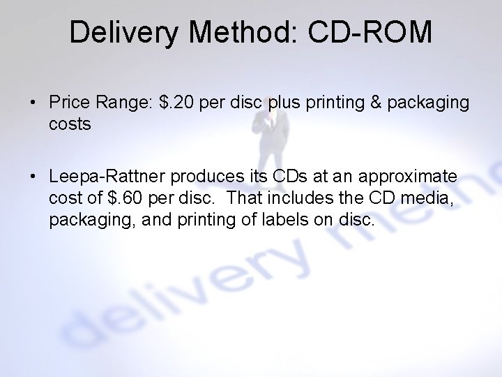 Delivery Method: CD-ROM • Price Range: $. 20 per disc plus printing & packaging