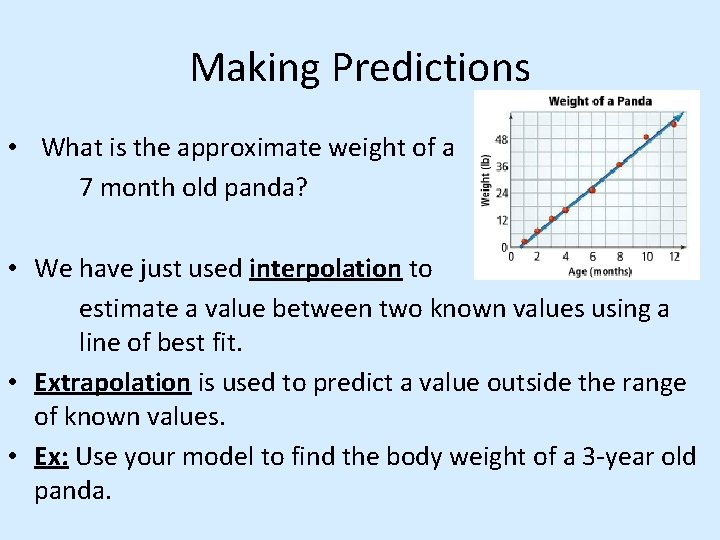 Making Predictions • What is the approximate weight of a 7 month old panda?
