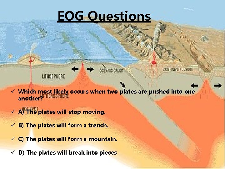 EOG Questions ü Which most likely occurs when two plates are pushed into one