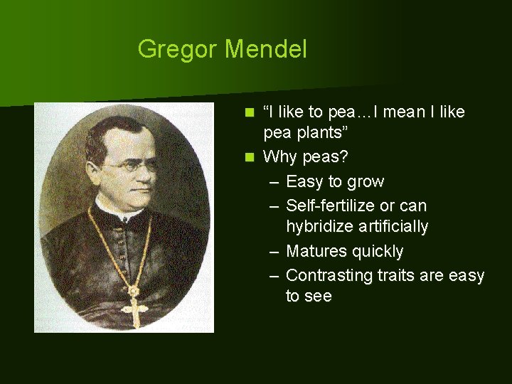 Gregor Mendel “I like to pea…I mean I like pea plants” n Why peas?