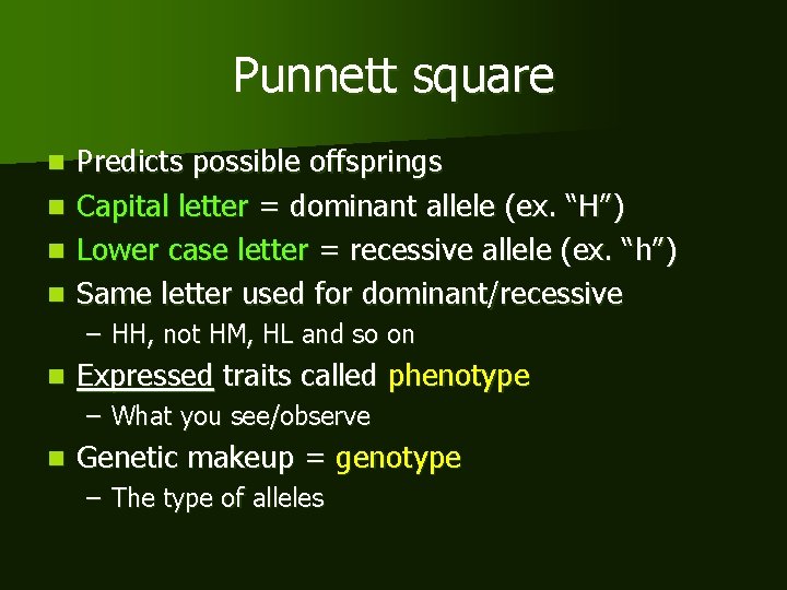 Punnett square Predicts possible offsprings n Capital letter = dominant allele (ex. “H”) n