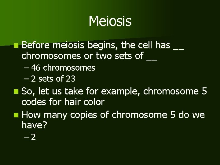 Meiosis n Before meiosis begins, the cell has __ chromosomes or two sets of
