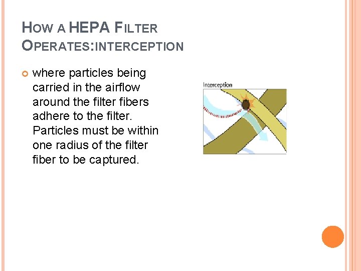 HOW A HEPA FILTER OPERATES: INTERCEPTION where particles being carried in the airflow around