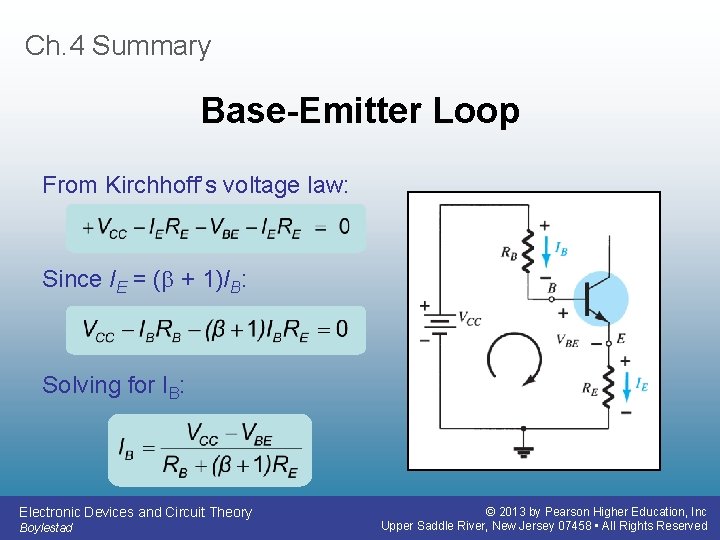 Ch. 4 Summary Base-Emitter Loop From Kirchhoff’s voltage law: Since IE = ( +