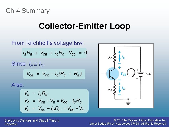 Ch. 4 Summary Collector-Emitter Loop From Kirchhoff’s voltage law: Since IE IC: Also: Electronic
