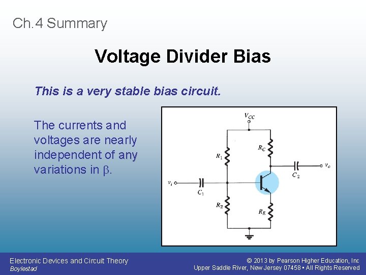 Ch. 4 Summary Voltage Divider Bias This is a very stable bias circuit. The