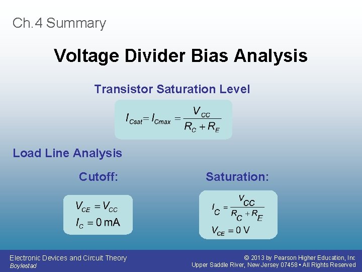 Ch. 4 Summary Voltage Divider Bias Analysis Transistor Saturation Level Load Line Analysis Cutoff: