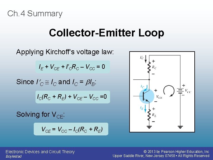 Ch. 4 Summary Collector-Emitter Loop Applying Kirchoff’s voltage law: IE + VCE + I’CRC