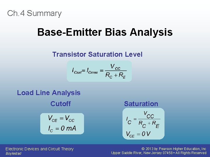 Ch. 4 Summary Base-Emitter Bias Analysis Transistor Saturation Level Load Line Analysis Cutoff Electronic