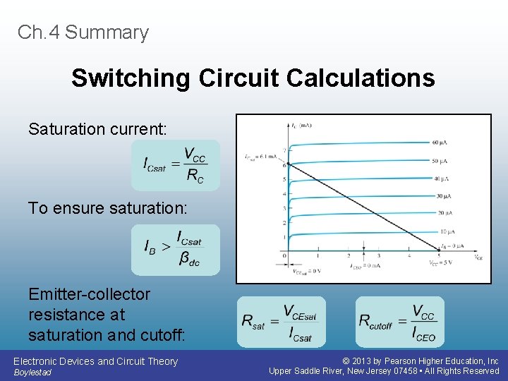 Ch. 4 Summary Switching Circuit Calculations Saturation current: To ensure saturation: Emitter-collector resistance at
