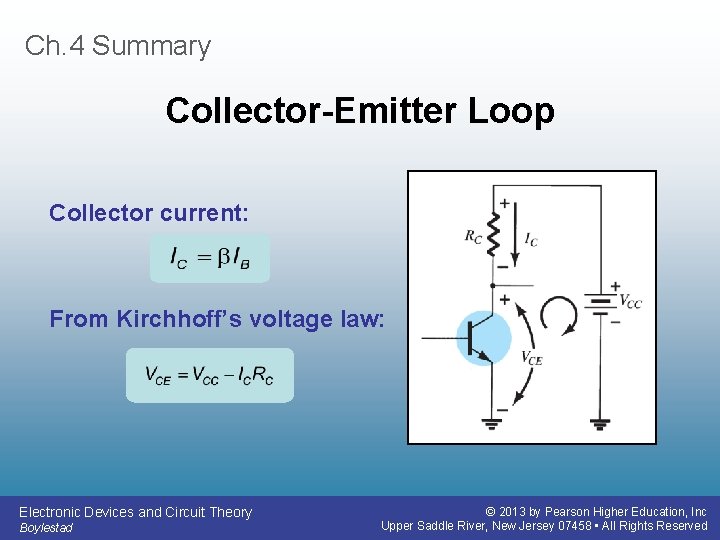Ch. 4 Summary Collector-Emitter Loop Collector current: From Kirchhoff’s voltage law: Electronic Devices and