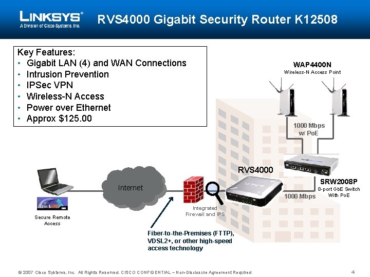 RVS 4000 Gigabit Security Router K 12508 Key Features: • Gigabit LAN (4) and