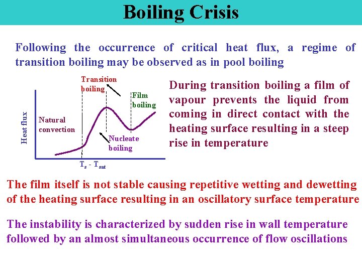 Boiling Crisis Following the occurrence of critical heat flux, a regime of transition boiling