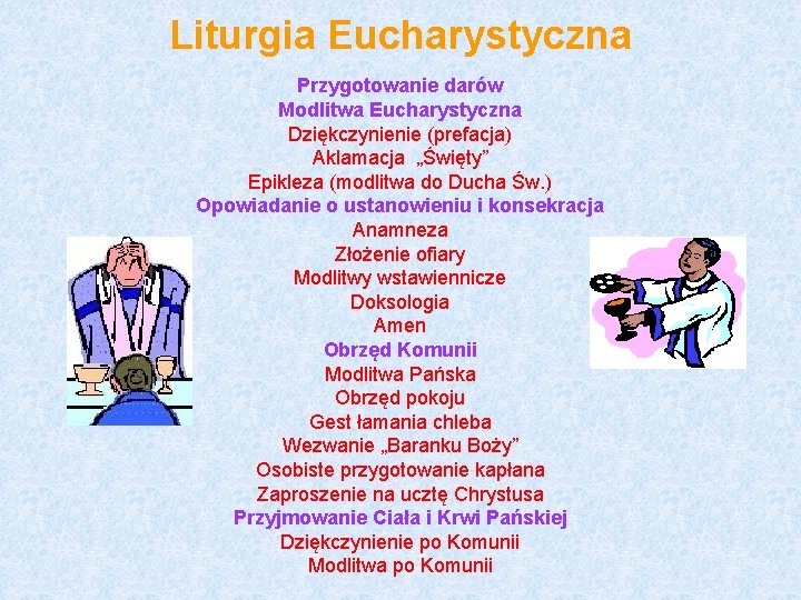 Liturgia Eucharystyczna Przygotowanie darów Modlitwa Eucharystyczna Dziękczynienie (prefacja) Aklamacja „Święty” Epikleza (modlitwa do Ducha