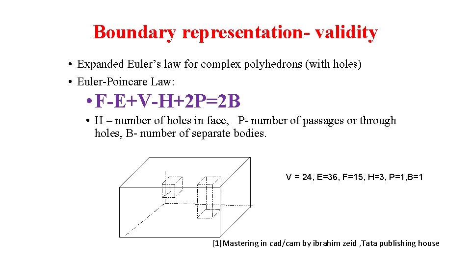 Boundary representation- validity • Expanded Euler’s law for complex polyhedrons (with holes) • Euler-Poincare