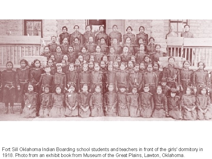 Fort Sill Oklahoma Indian Boarding school students and teachers in front of the girls'